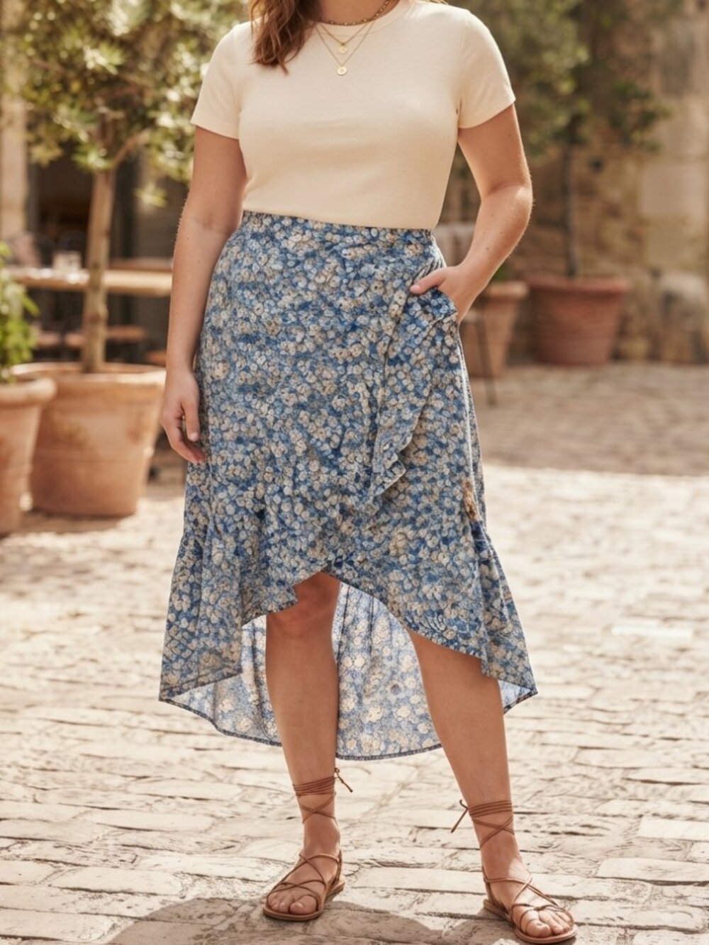 Sonoma Blue Floral Faux Wrap High-Low Ruffle Midi Skirt